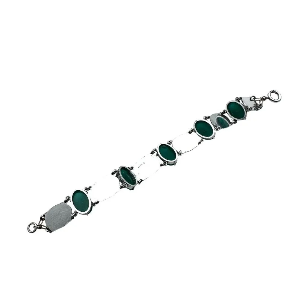 Vintage Blue Green Enamel Domed Glass Stone Silver Tone Bracelet 7 Inch